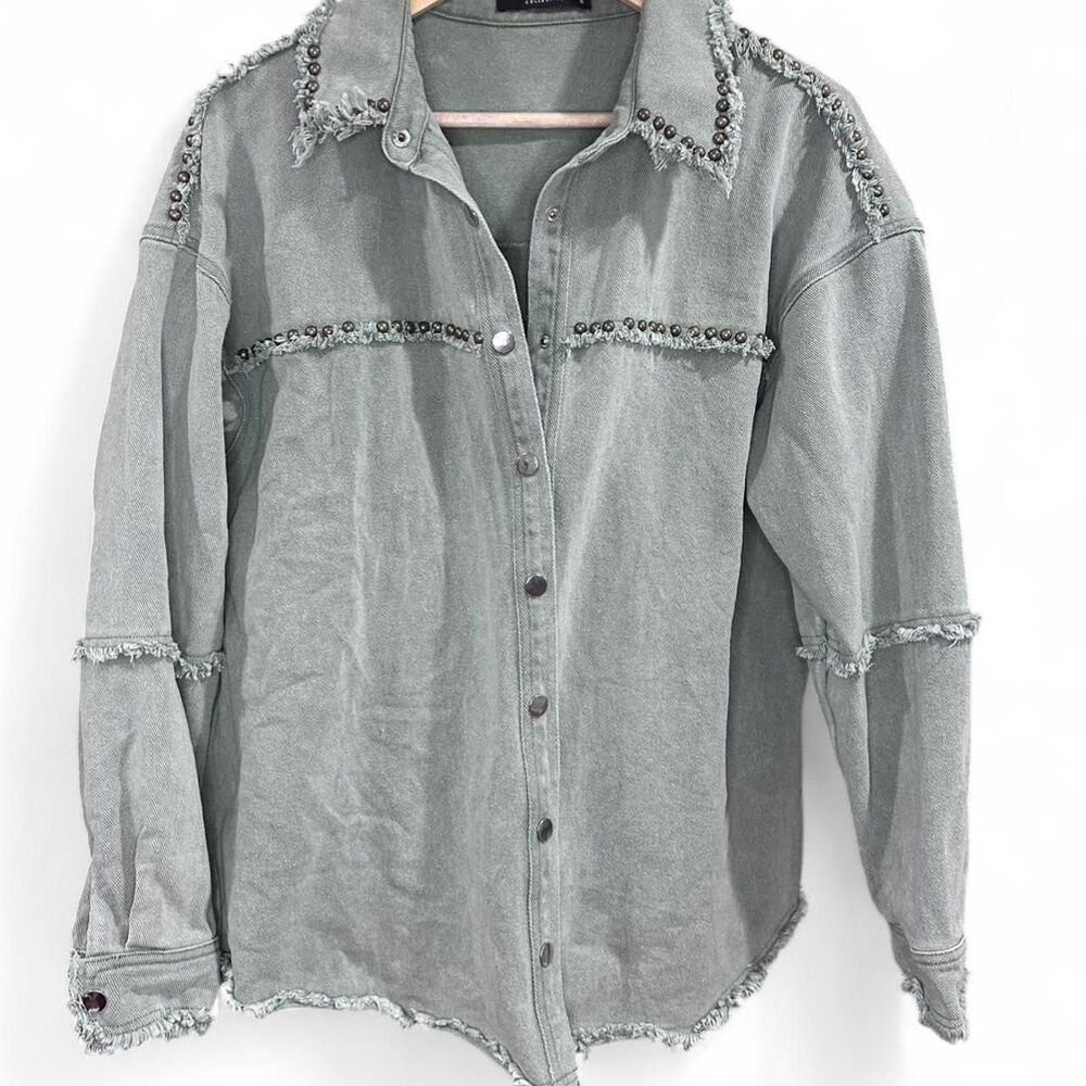 Sage Green Denim Shirt / Jacket or Shacket w/ Studded Rivet Accents